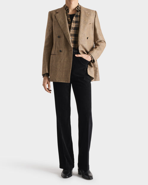 VESTE CROISÉE EN SERGÉ DE LAINE PEIGNÉE ET LIN - CAMEL ET MARRON PRINCE DE GALLES - Husbands Paris - 4