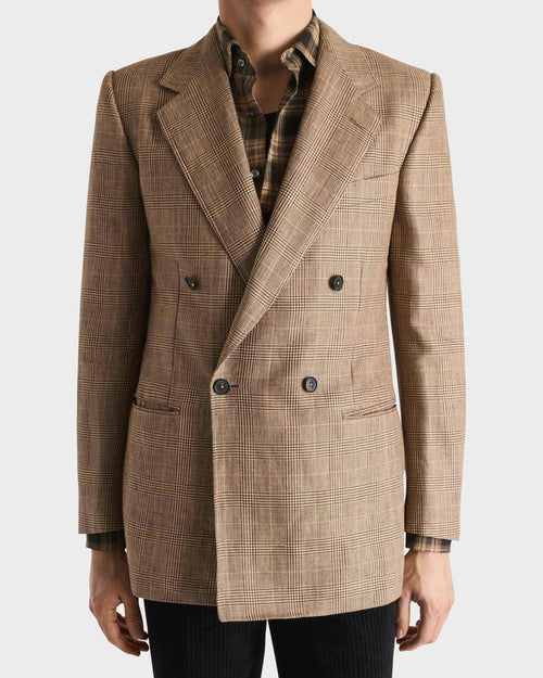 VESTE CROISÉE EN SERGÉ DE LAINE PEIGNÉE ET LIN - CAMEL ET MARRON PRINCE DE GALLES - Husbands Paris - 1