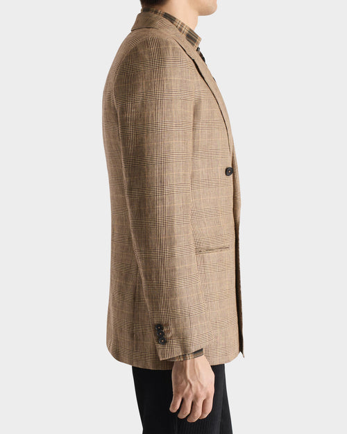 VESTE CROISÉE EN SERGÉ DE LAINE PEIGNÉE ET LIN - CAMEL ET MARRON PRINCE DE GALLES - Husbands Paris - 6