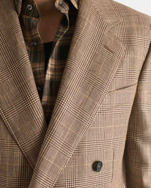 VESTE CROISÉE EN SERGÉ DE LAINE PEIGNÉE ET LIN - CAMEL ET MARRON PRINCE DE GALLES - Husbands Paris - 2