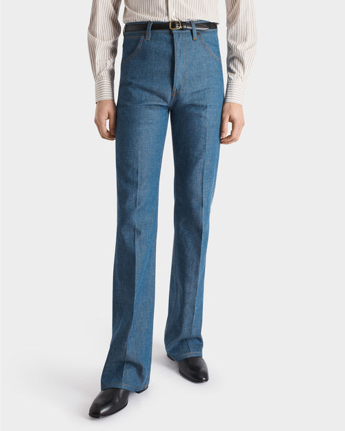 FLARED HIGH-WAISTED JEANS - GREENCAST INDIGO | Husbands Paris FLARED HIGH-WAISTED JEANS - GREENCAST INDIGO | Husbands Paris