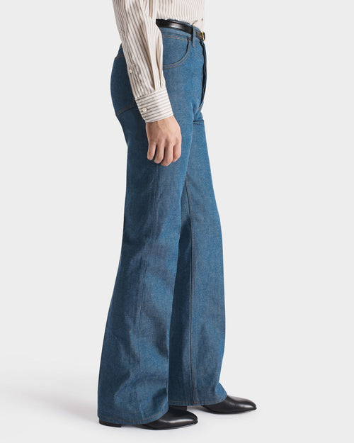 JEAN ÉVASÉ TAILLE HAUTE EN DENIM DE COTON - INDIGO GREENCAST - Husbands Paris - 3