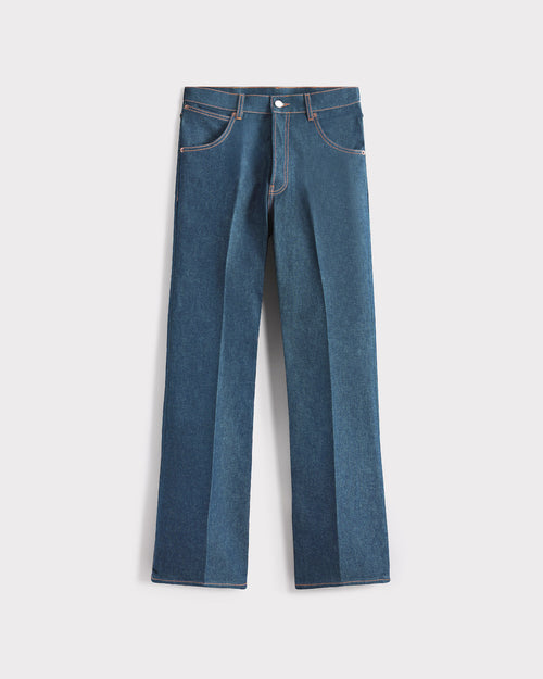 FLARED HIGH-WAISTED JEANS IN COTTON DENIM - GREENCAST INDIGO - Husbands Paris - 1