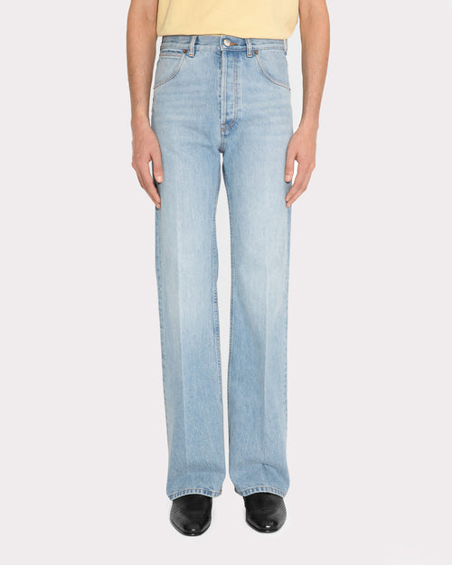 FLARED HIGH-WAISTED JEANS IN COTTON DENIM - BLUE STONE WASH - Husbands Paris - 1
