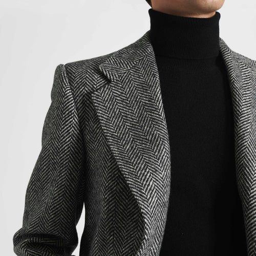 SINGLE-BREASTED JACKET IN WOOL TWEED - LARGE BLACK AND WHITE HERRINGBONE - Husbands Paris - 3