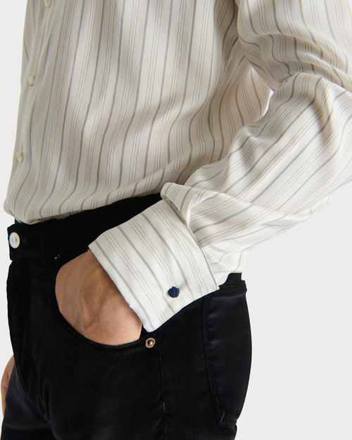 WIDE COLLAR SHIRT IN SILK POPLIN - IVORY WITH BLACK STRIPES - Husbands - 7