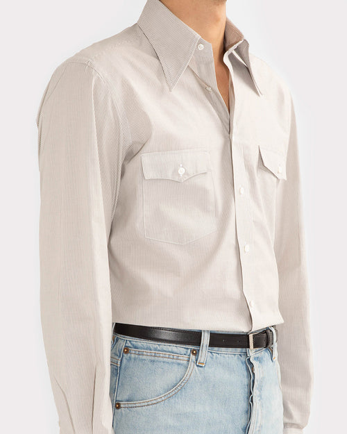 WIDE COLLAR SHIRT IN COTTON POPLIN - GREY & WHITE STRIPES - Husbands Paris - 3