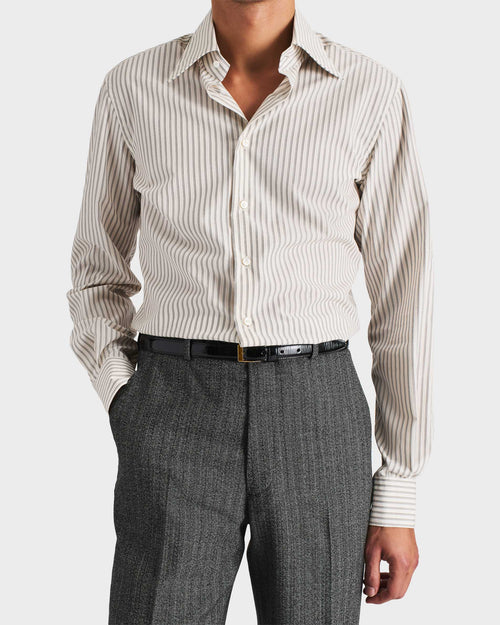 CHEMISE COL LARGE EN POPELINE DE COTON - BLANC CASSÉ À RAYURES - Husbands Paris - 1