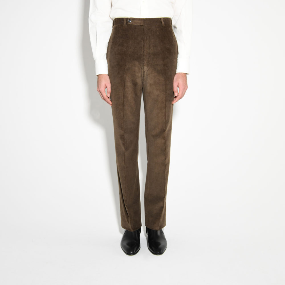 high-waisted corduroy trousers olive brown front