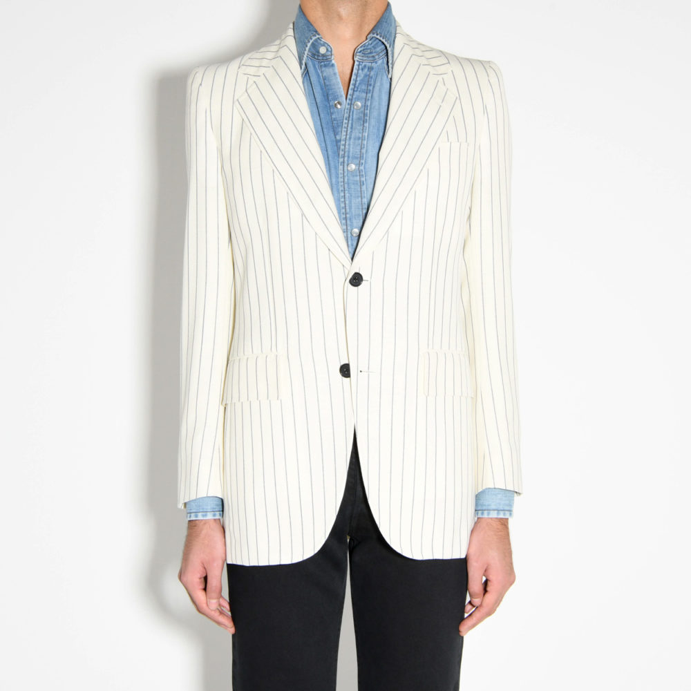 jacket silk and linen ivory with blue stripes front
