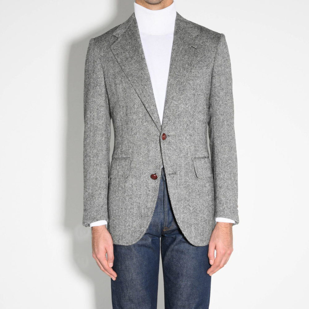 tweed jacket black and white herringbone front