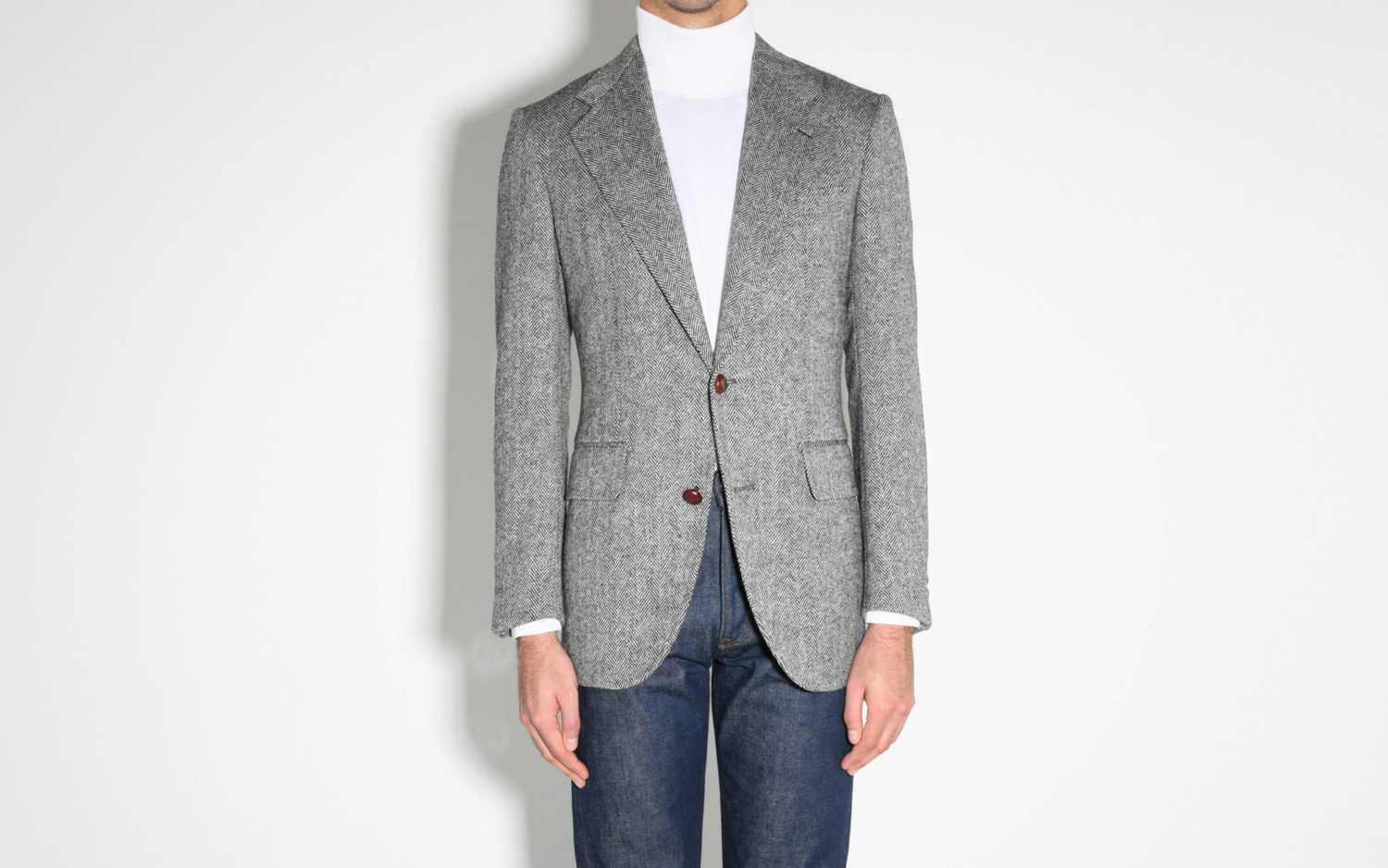 tweed jacket black and white herringbone front
