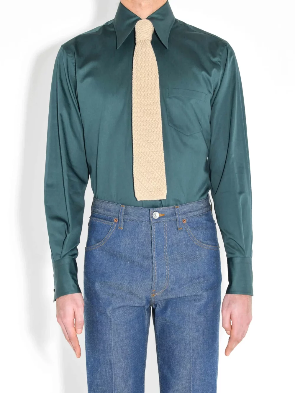 WIDE COLLAR SHIRT IN COTTON SATEEN - EMERALD GREEN
