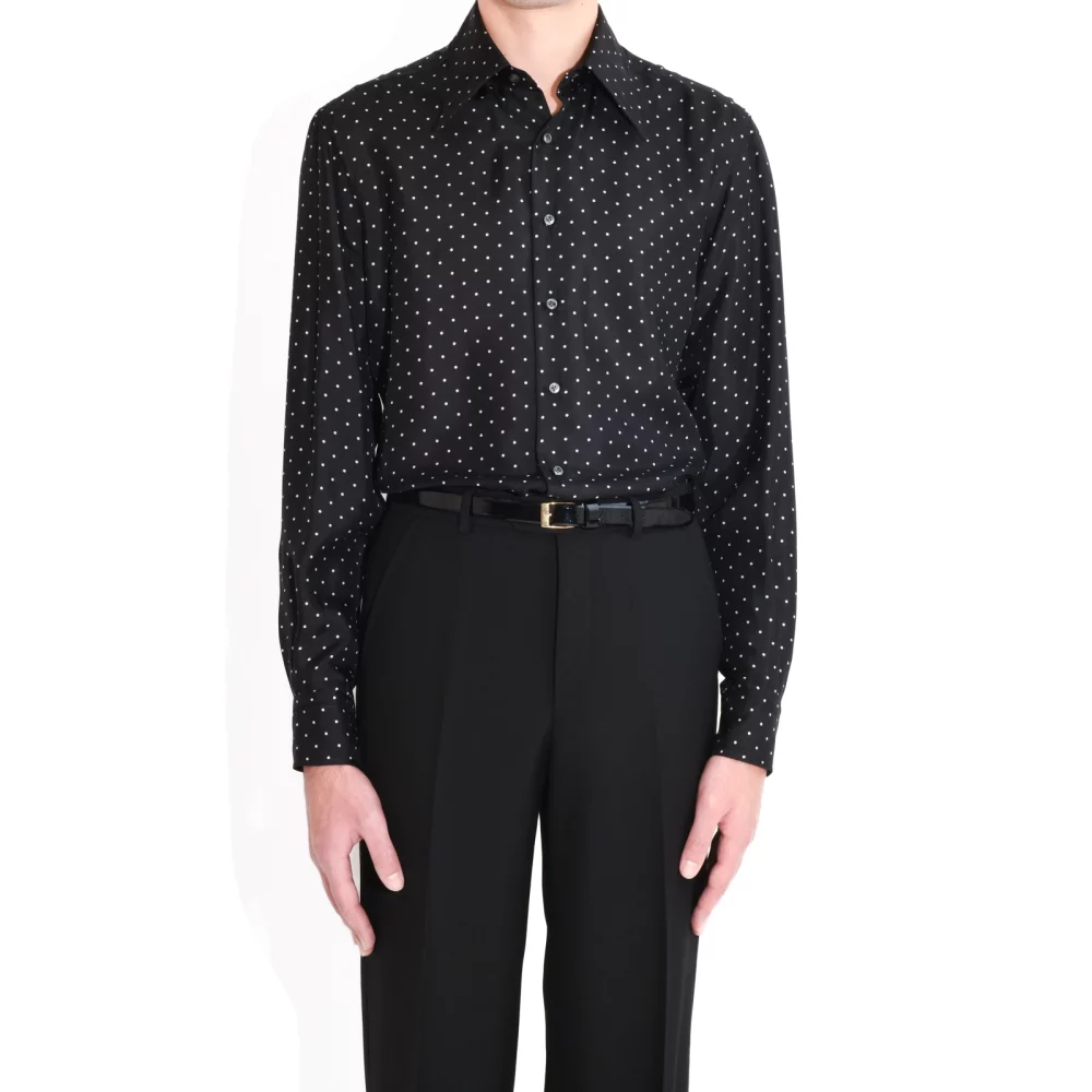 WIDE COLLAR SHIRT IN SILK - BLACK WITH WHITE POLKA DOTS