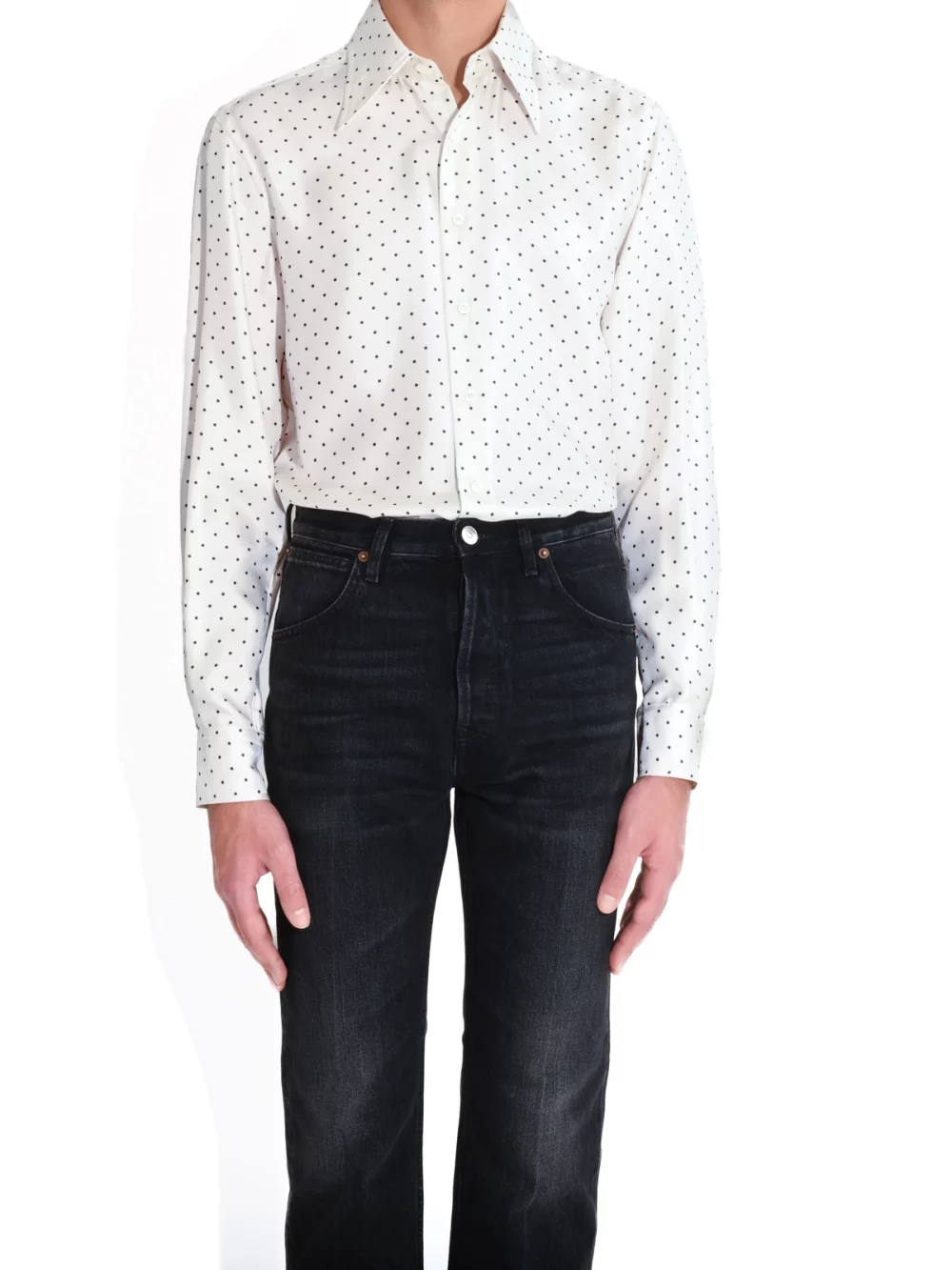 WIDE-COLLAR-SHIRT IN SILK-IVORY-WITH-BLACK POLKA-DOTS