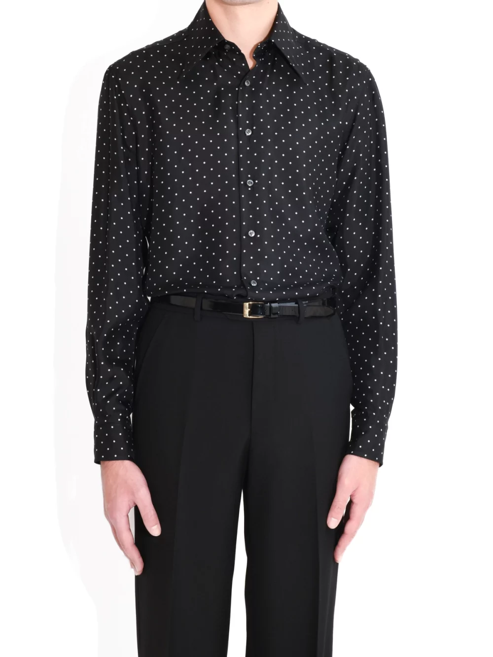 WIDE-COLLAR-SHIRT IN SILK - BLACK-WITH WHITE-POLKA-DOTS
