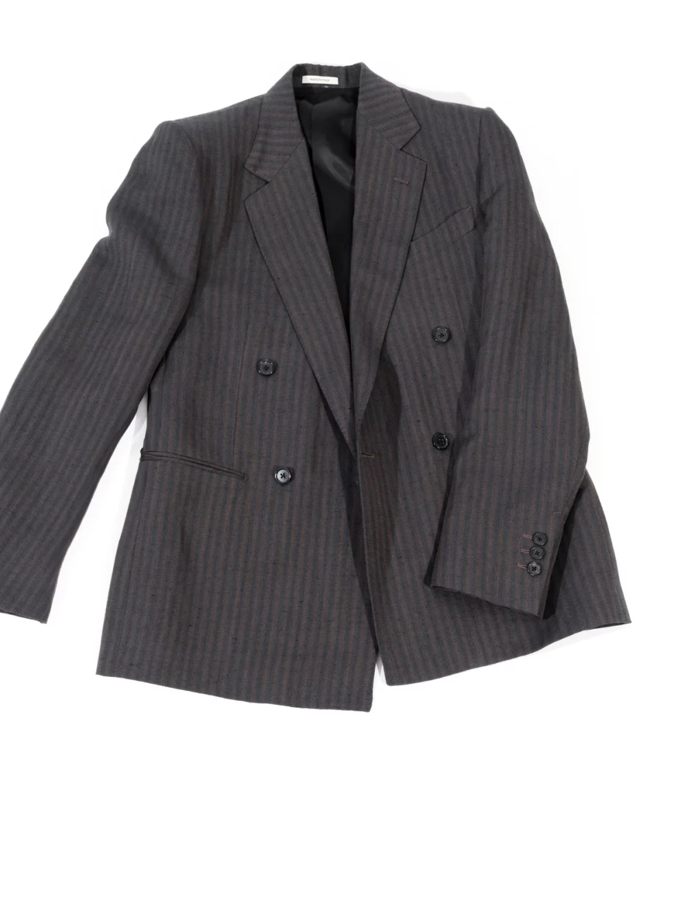 DOUBLE-BREASTED SUIT-IN-LINEN-AND WOOL-BROWN-AND-NAVY-STRIPED