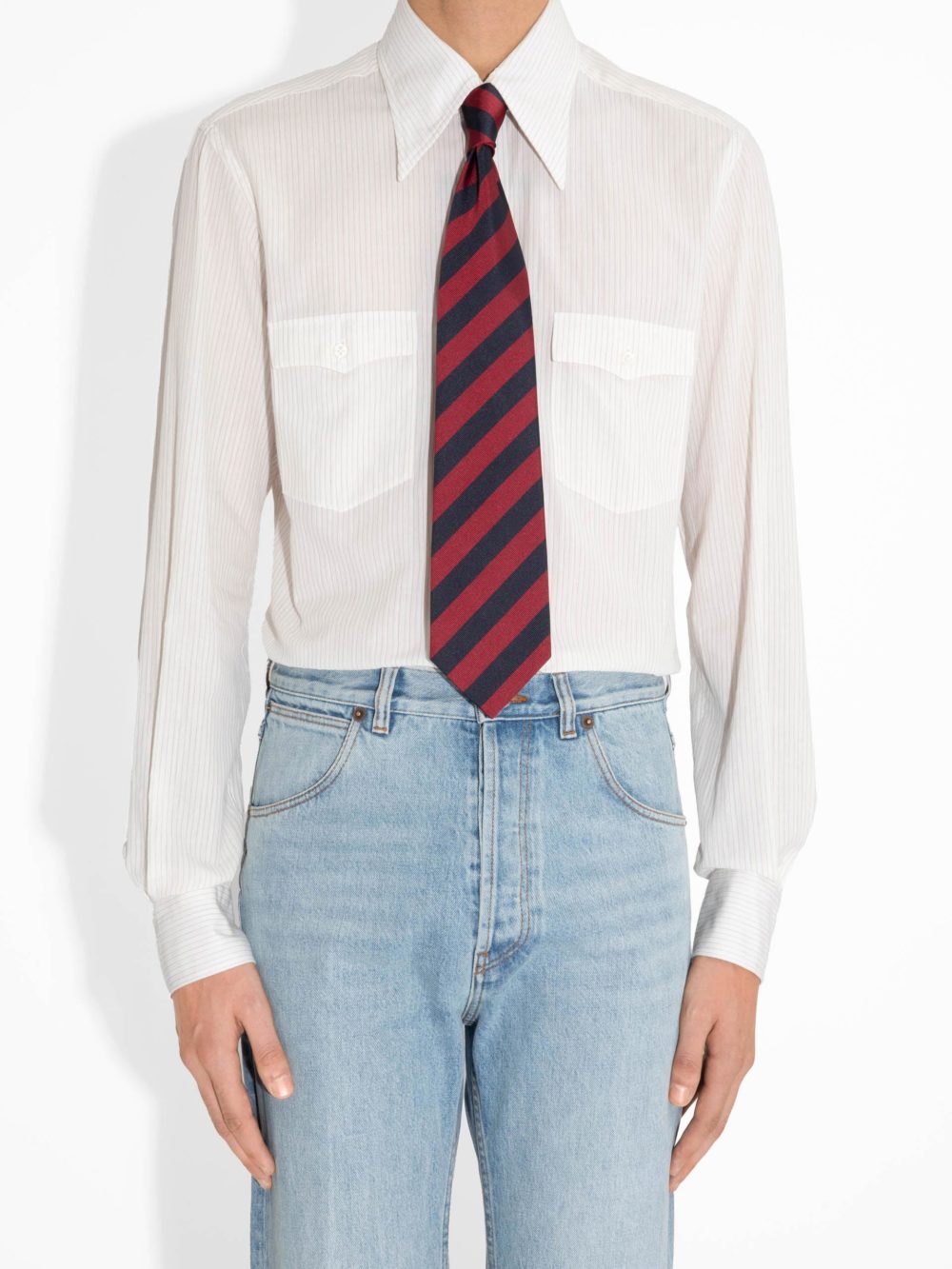 WIDE COLLAR SHIRT IN DOBBY - OFF-WHITE WITH STRIPES