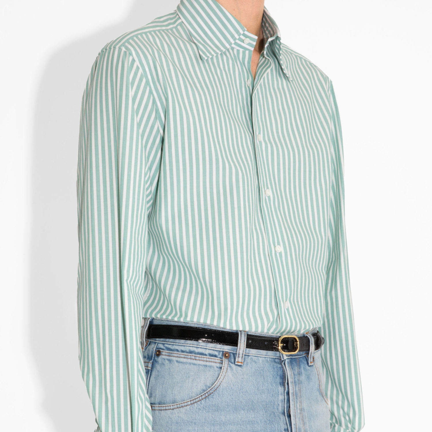 WIDE COLLAR SHIRT IN POPLIN - MINT AND WHITE STRIPES - Image 2