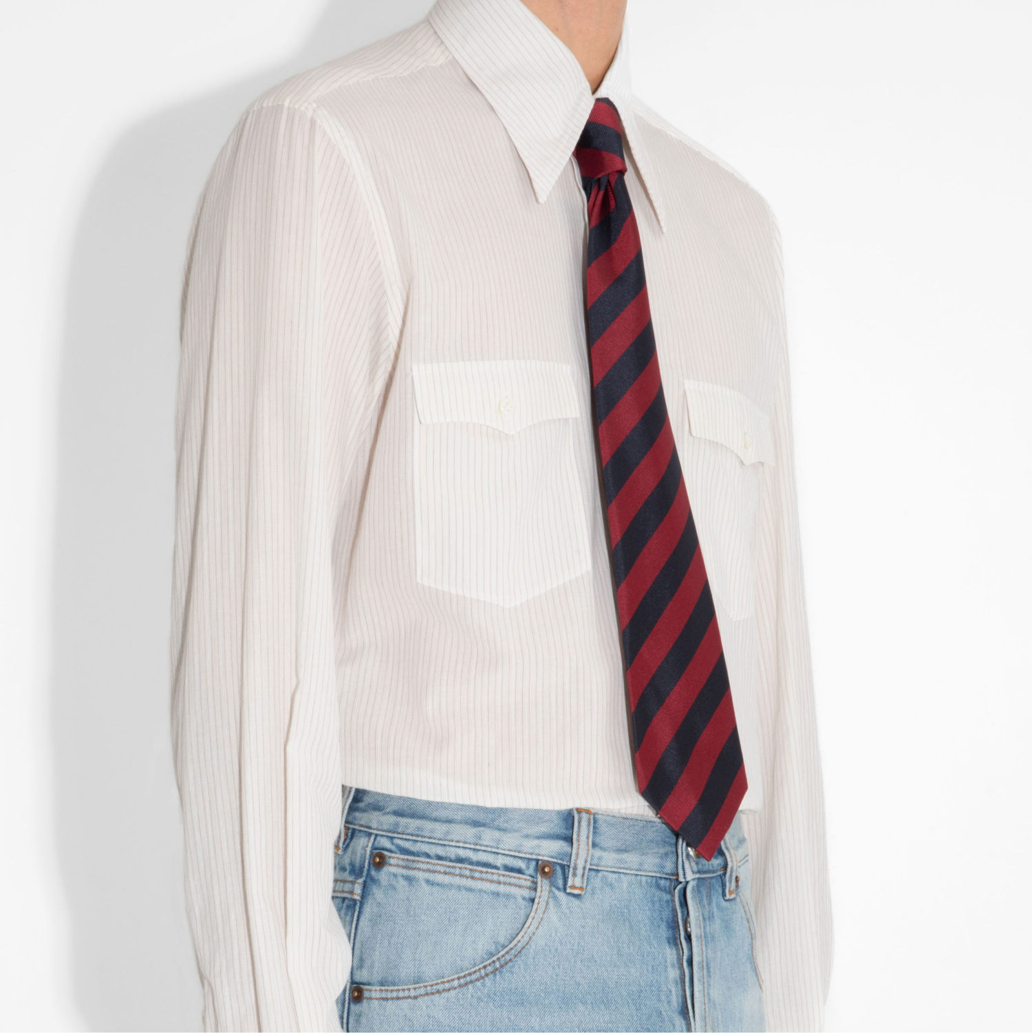 WIDE COLLAR SHIRT IN DOBBY - OFF-WHITE WITH STRIPES - Image 2