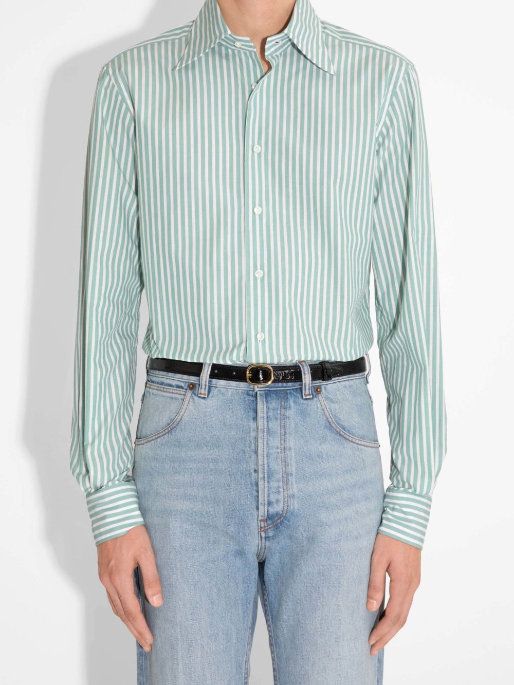 WIDE COLLAR SHIRT IN POPLIN - MINT AND WHITE STRIPES