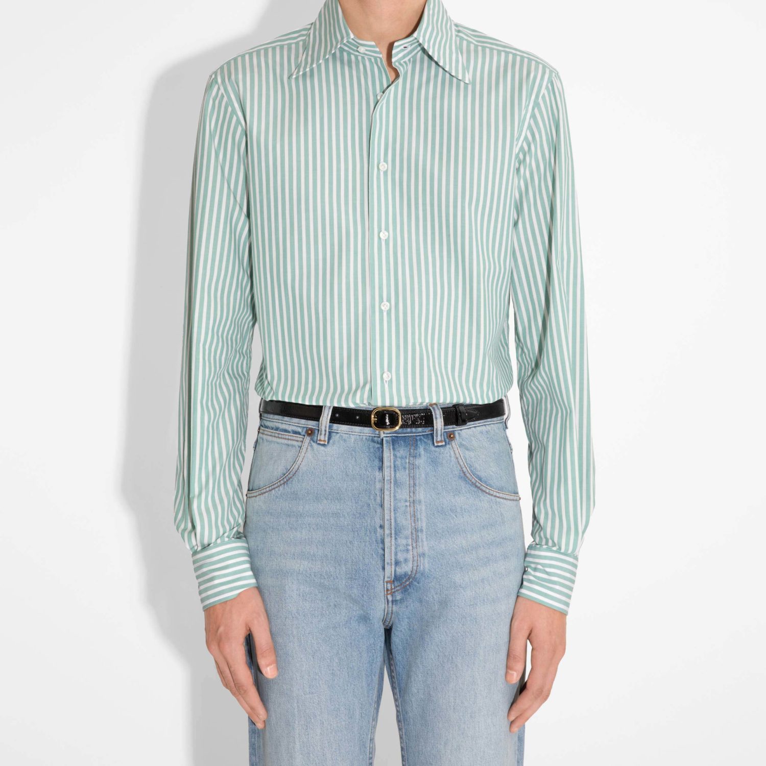 WIDE COLLAR SHIRT IN POPLIN - MINT AND WHITE STRIPES