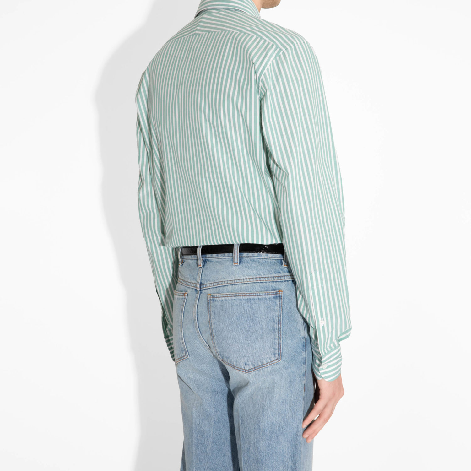 WIDE COLLAR SHIRT IN POPLIN - MINT AND WHITE STRIPES - Image 3