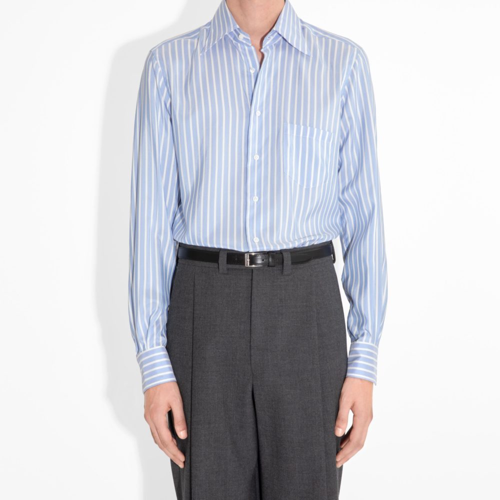 CHEMISE COL LARGE EN SOIE - RAYURES BOUCHER BLEUS ET BLANCS_1