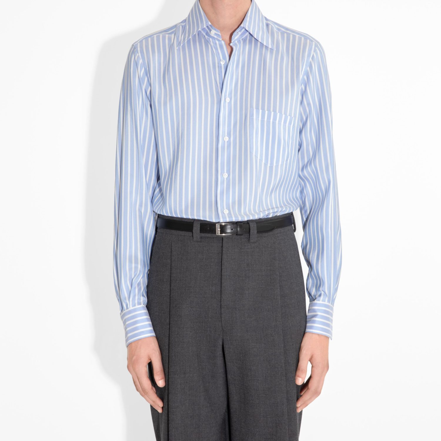 CHEMISE COL LARGE EN SOIE - RAYURES BOUCHER BLEUS ET BLANCS_1