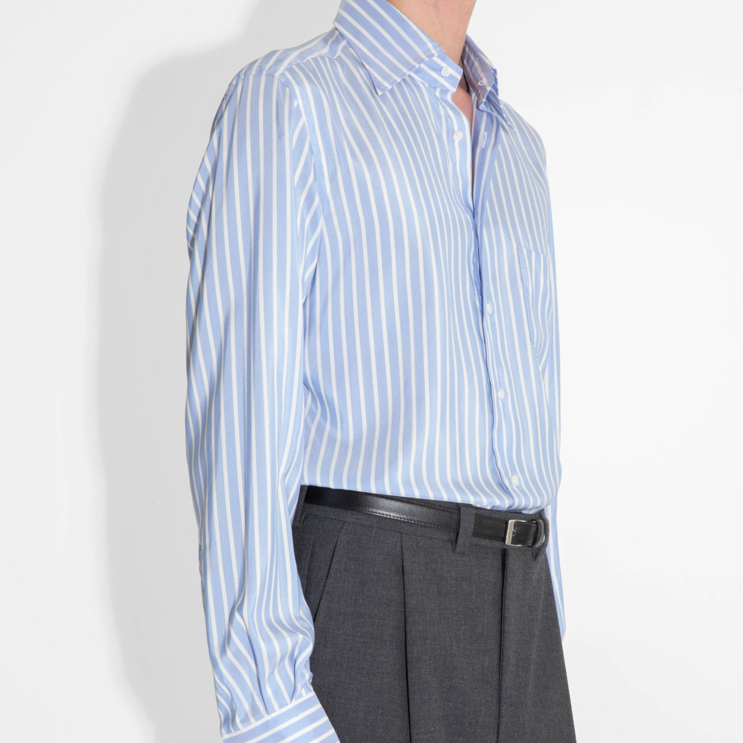 WIDE COLLAR SHIRT IN SILK - BLUE AND WHITE BUTCHER STRIPES - Image 2