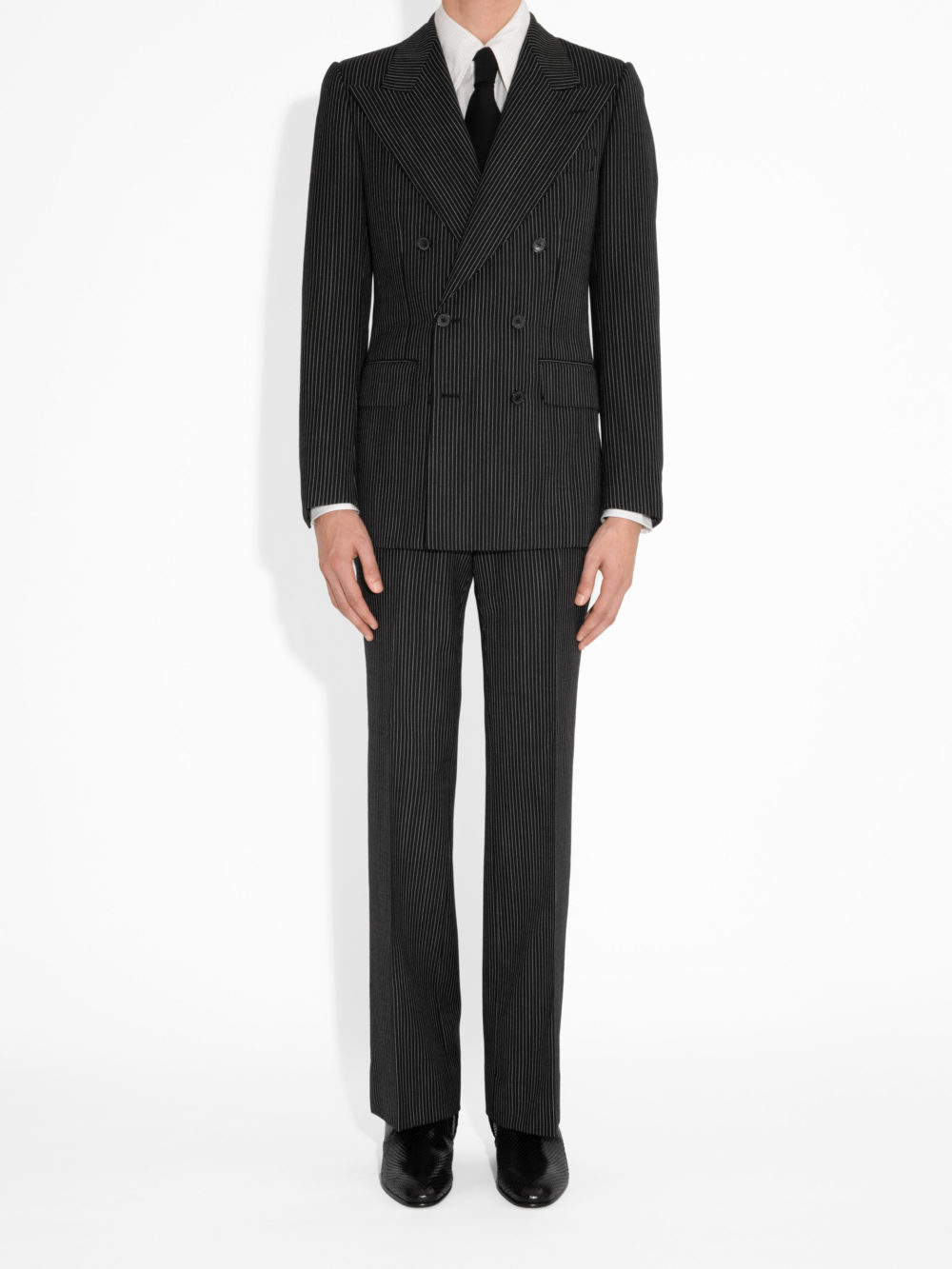 DOUBLE-BREASTED SUIT IN WOOL - BLACK WITH PINSTRIPES