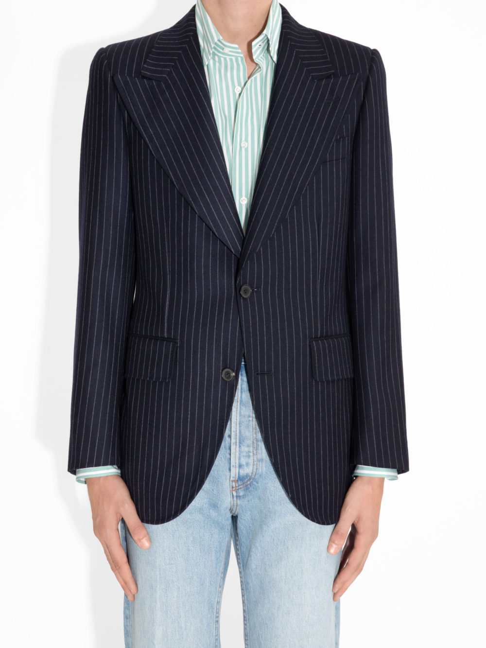 SINGLE-BREASTED JACKET IN TWILL - NAVY WITH CHALK STRIPES