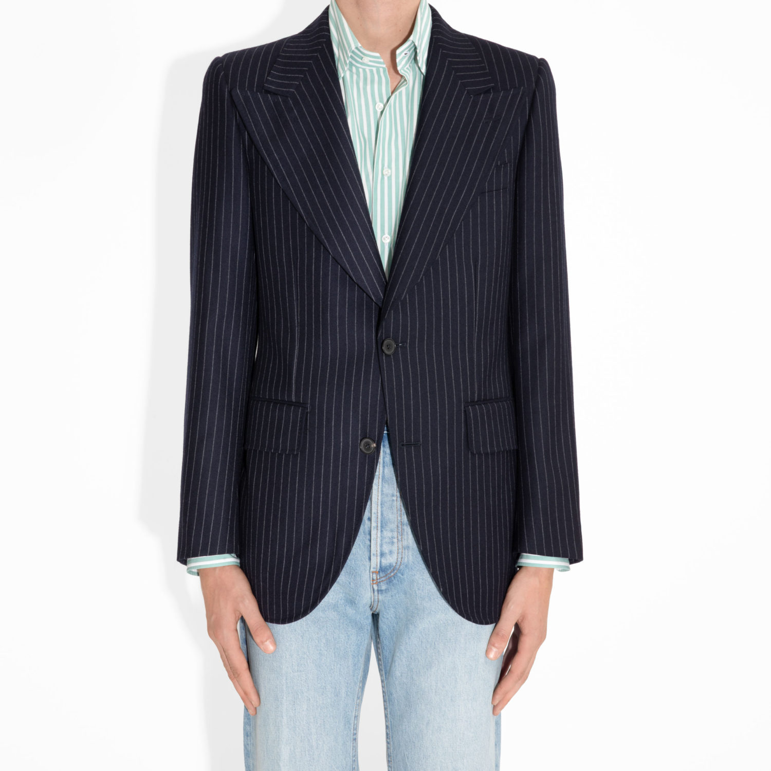 SINGLE-BREASTED JACKET IN TWILL - NAVY WITH CHALK STRIPES