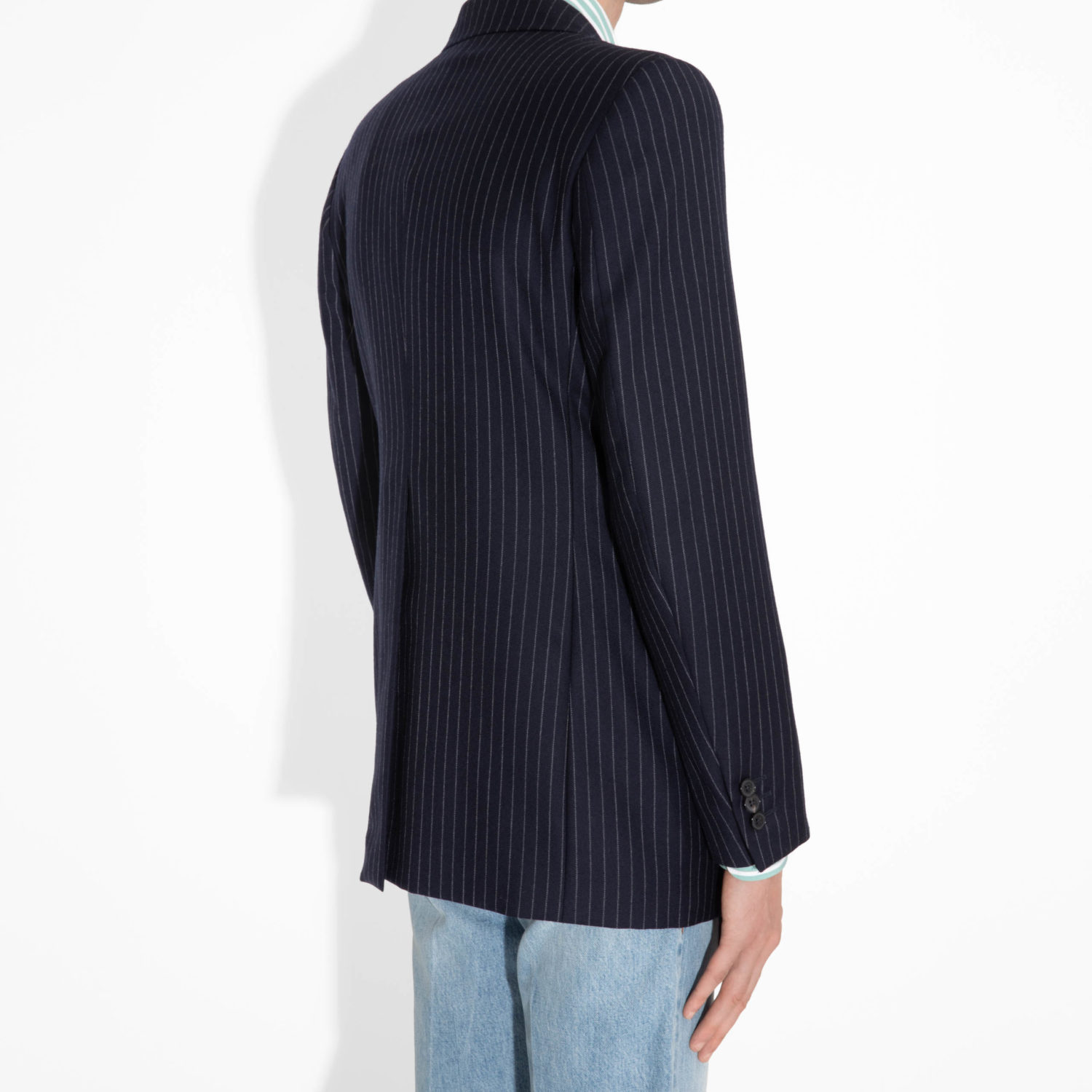 SINGLE-BREASTED JACKET IN TWILL - NAVY WITH CHALK STRIPES - Image 3