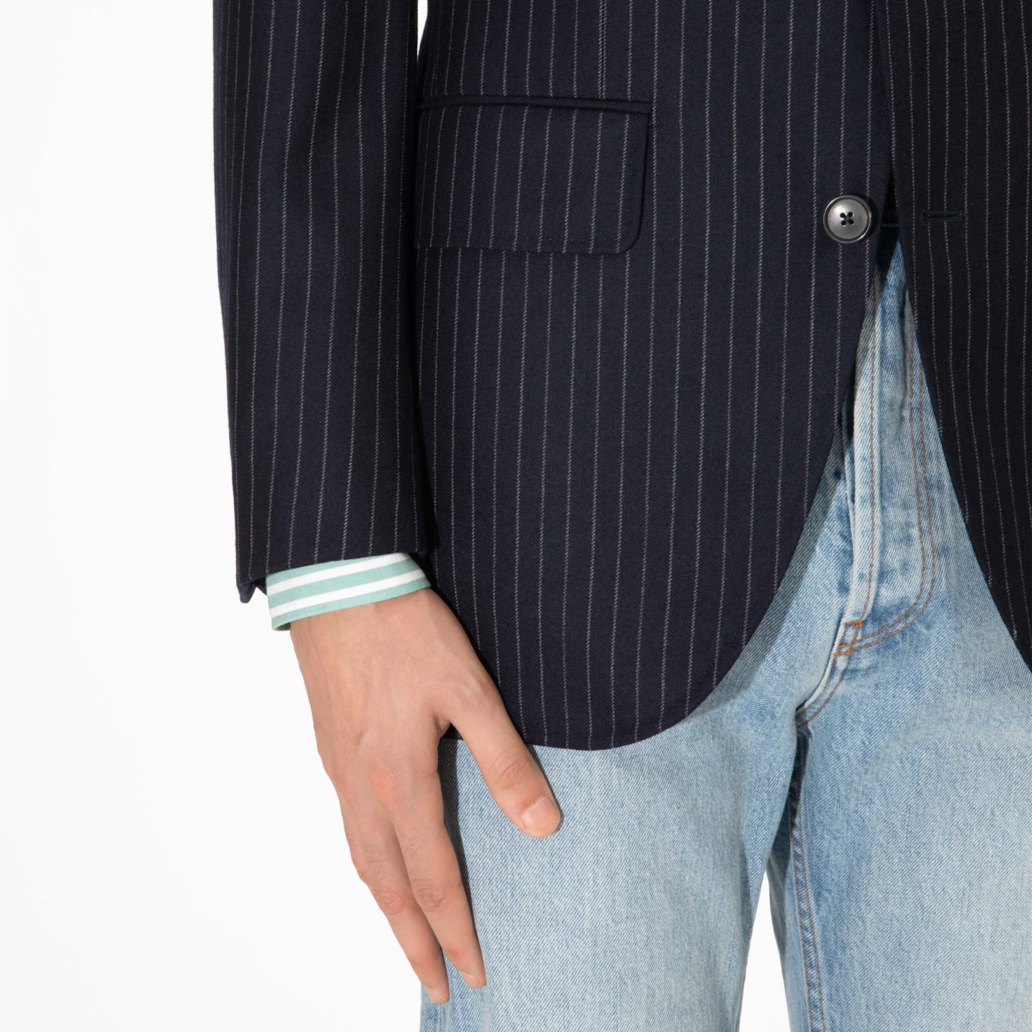 SINGLE-BREASTED JACKET IN TWILL - NAVY WITH CHALK STRIPES - Image 4