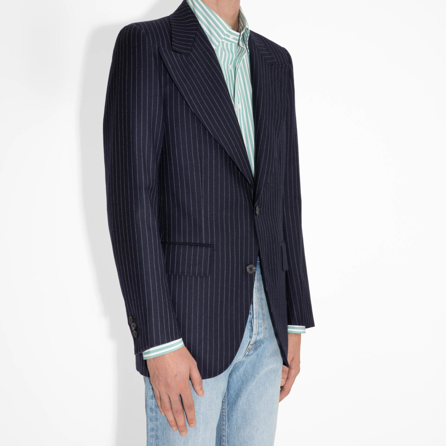 SINGLE-BREASTED JACKET IN TWILL - NAVY WITH CHALK STRIPES - Image 5