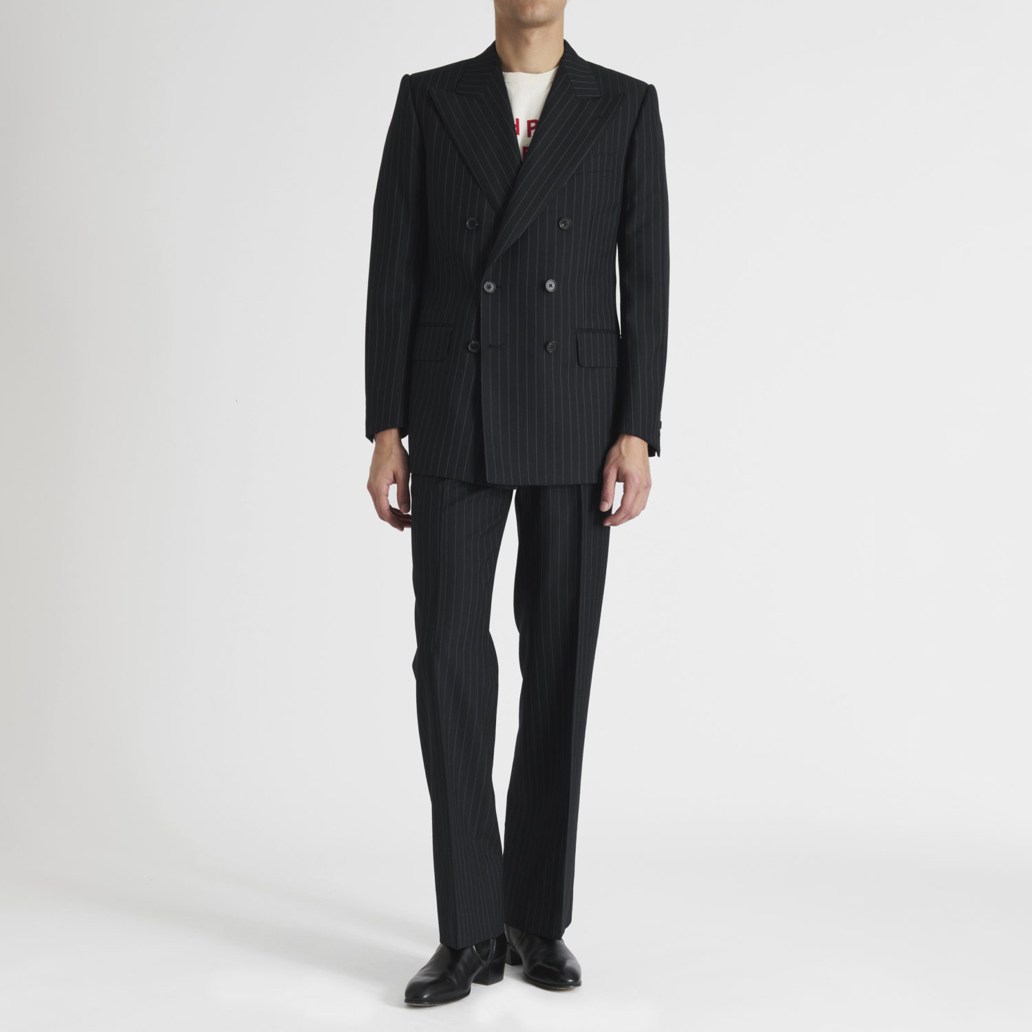 DOUBLE-BREASTED SUIT IN WORSTED WOOL - NAVY WITH GREY PINSTRIPES