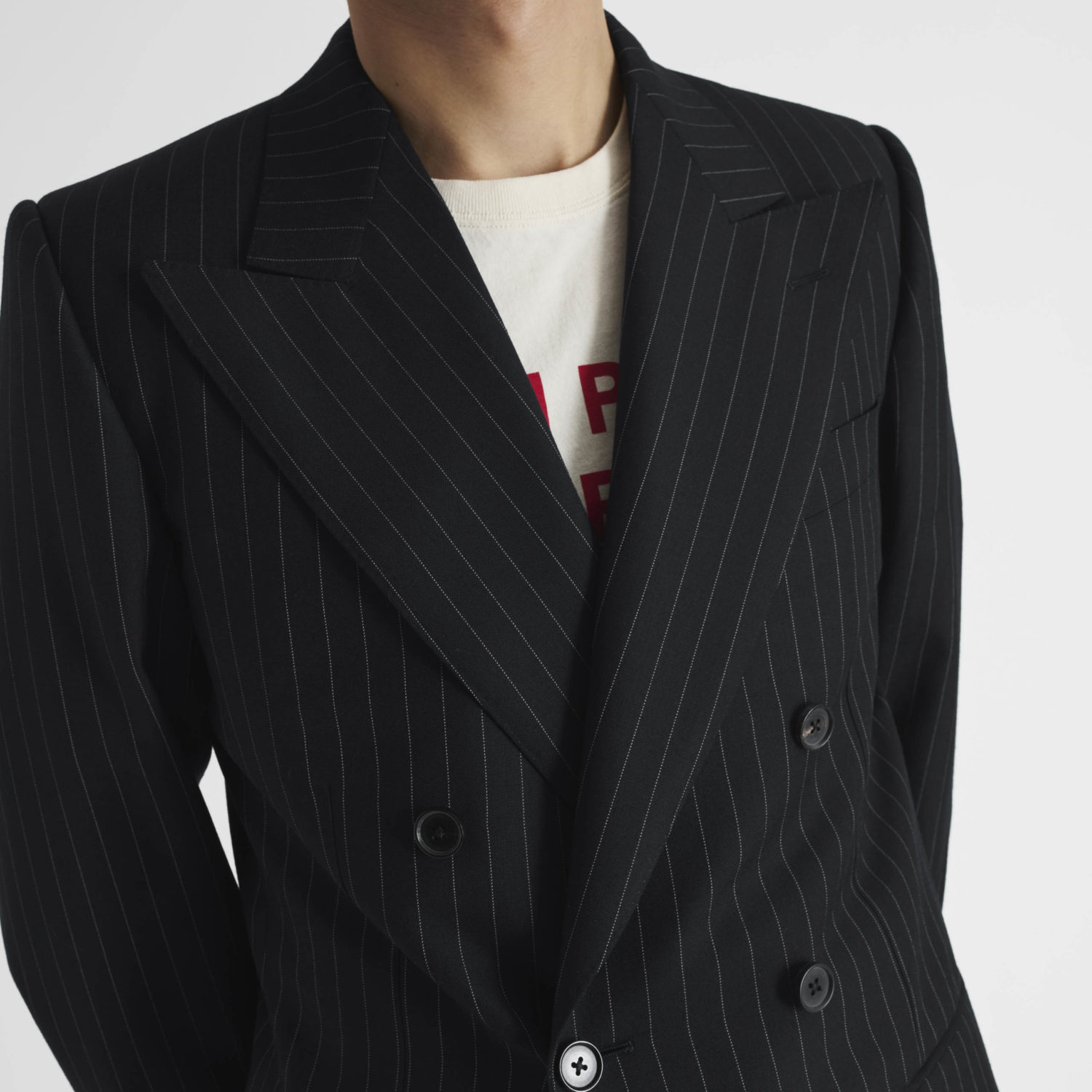 DOUBLE-BREASTED SUIT IN WORSTED WOOL - NAVY WITH GREY PINSTRIPES - Image 2