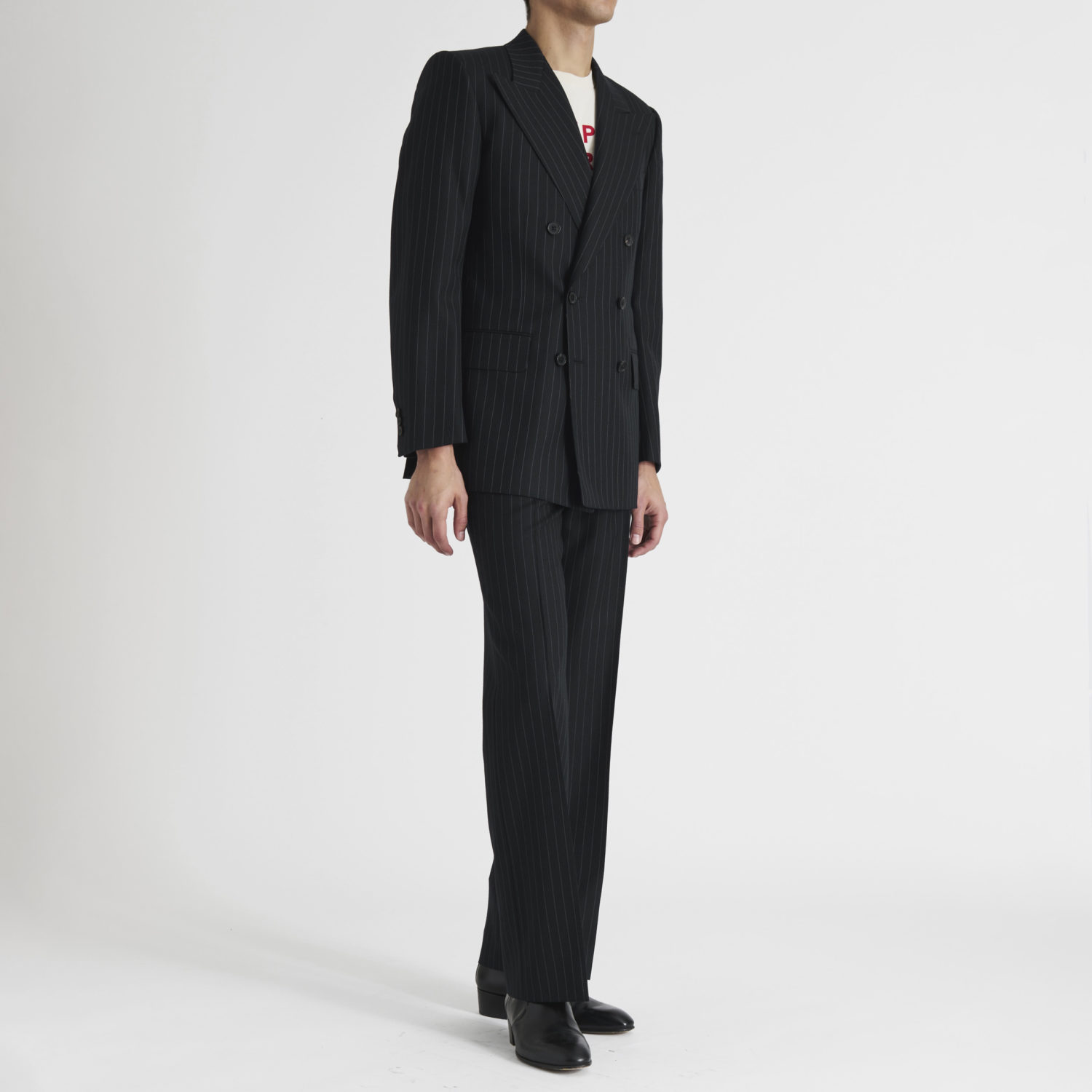 DOUBLE-BREASTED SUIT IN WORSTED WOOL - NAVY WITH GREY PINSTRIPES - Image 3