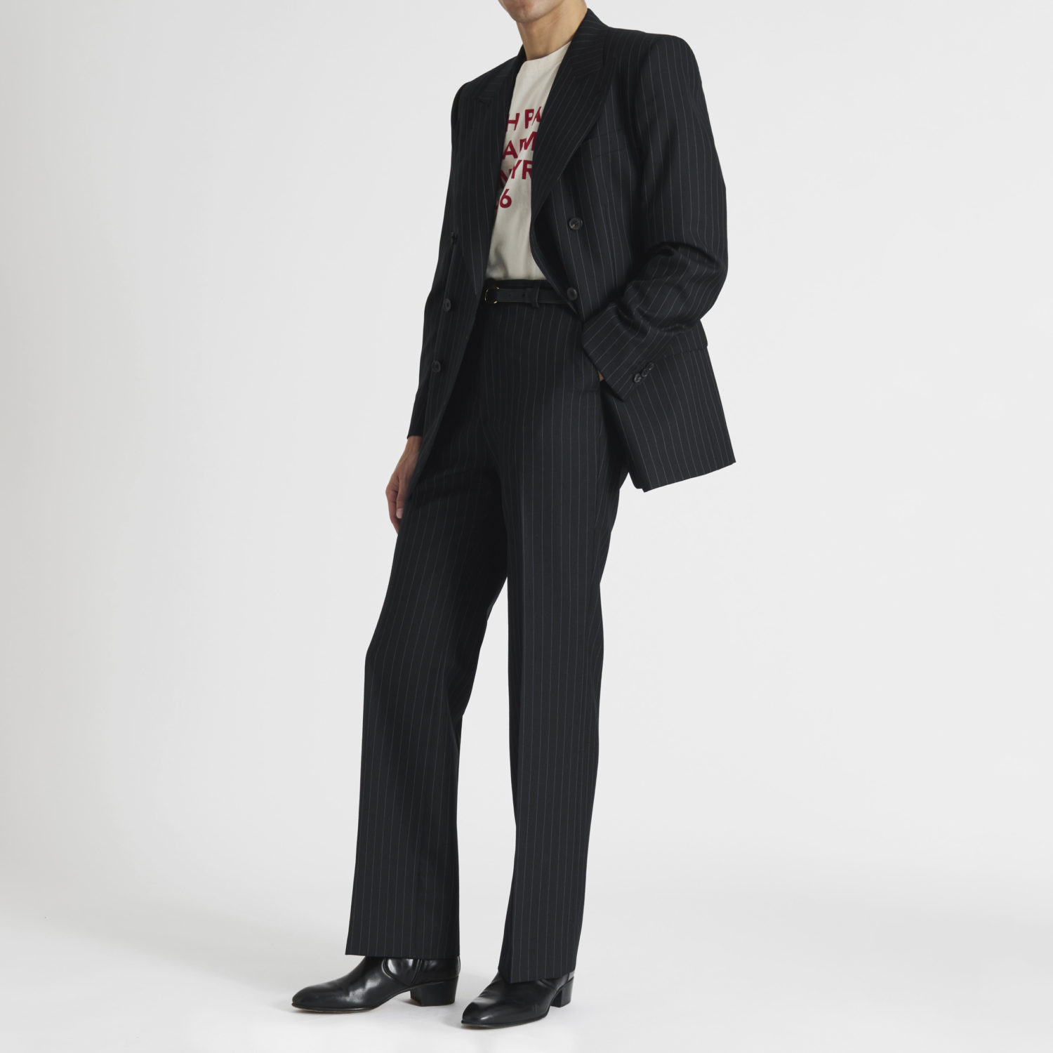 DOUBLE-BREASTED SUIT IN WORSTED WOOL - NAVY WITH GREY PINSTRIPES - Image 5