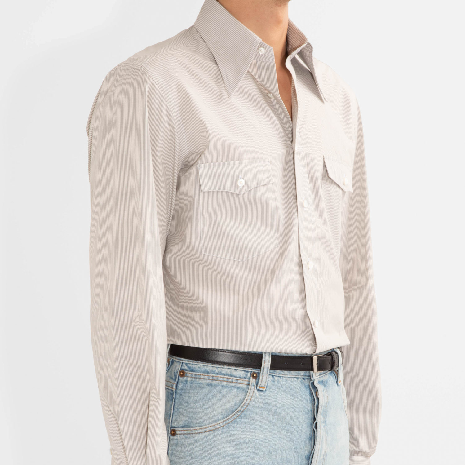 WIDE COLLAR SHIRT IN POPLIN - GREY & WHITE STRIPES - Image 2