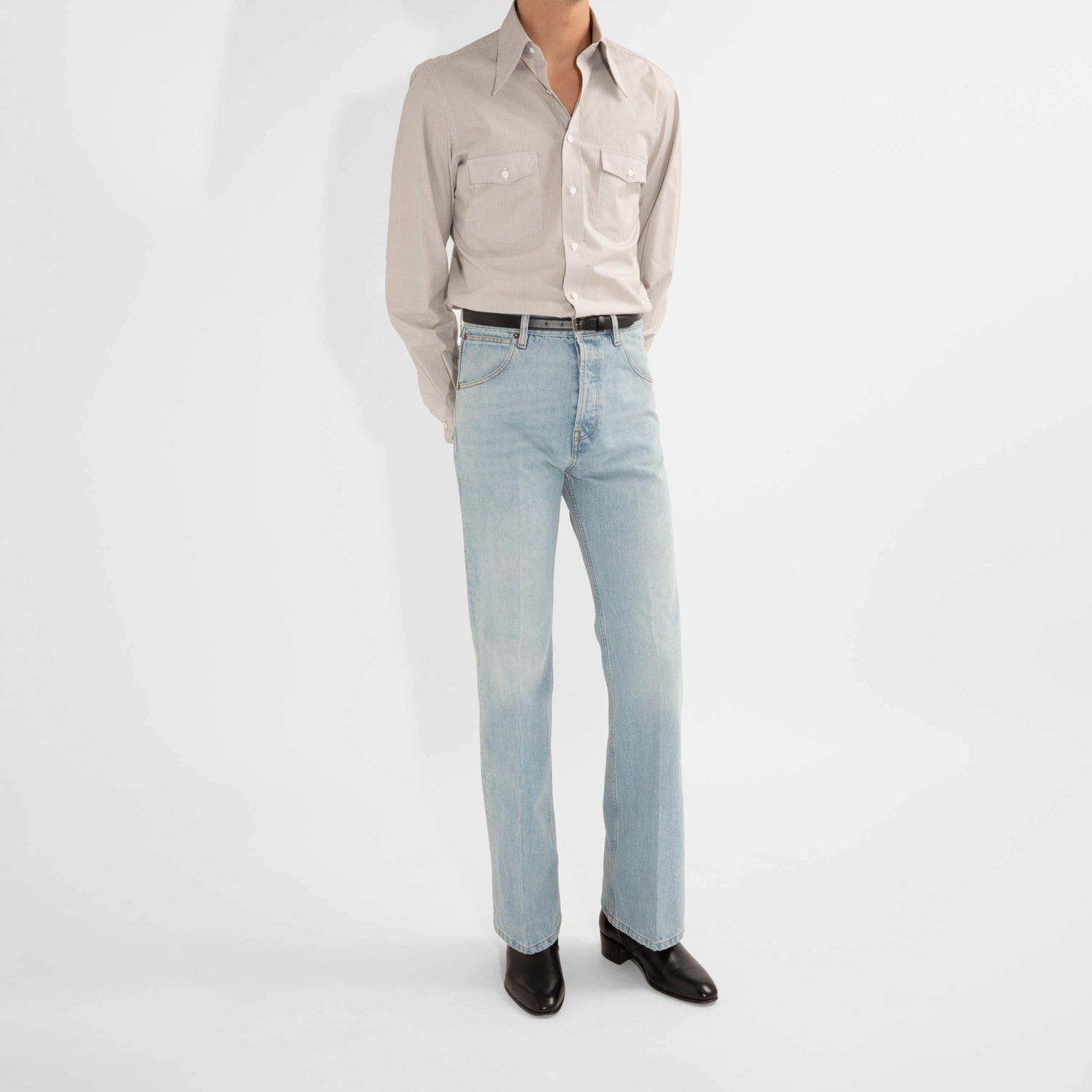 WIDE COLLAR SHIRT IN POPLIN - GREY & WHITE STRIPES - Image 5