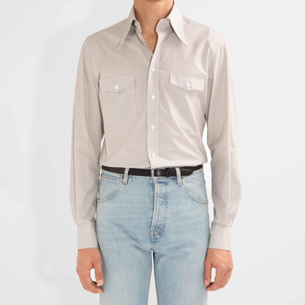 WIDE COLLAR SHIRT IN COTTON POPLIN - GREY & WHITE STRIPES_1