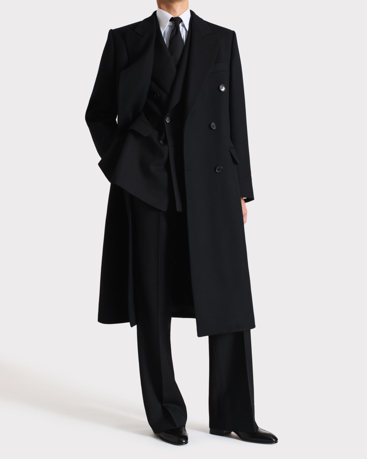 DOUBLE-BREASTED COAT IN VIRGIN WOOL TWILL - BLACK - Image 3