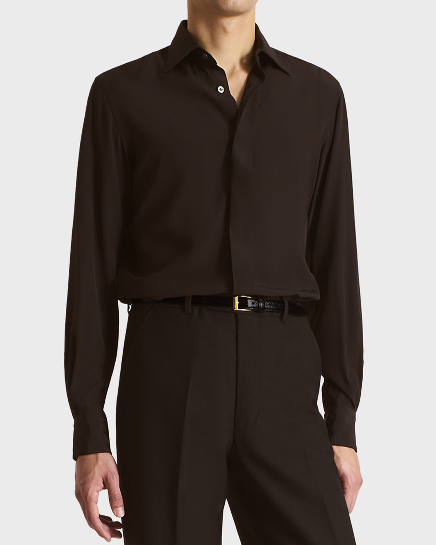 027_CLASSIC COLLAR SHIRT IN SILK CREPE - DARK CHOCOLATE_1_0895