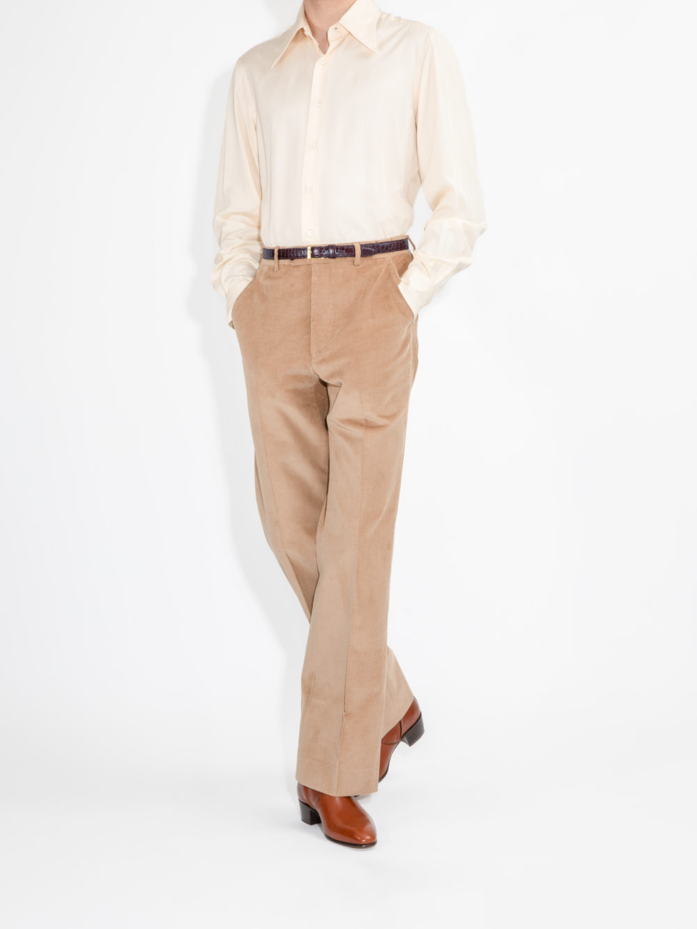 PANTALON ÉVASÉ TAILLE HAUTE EN VELOURS CÔTELÉ - BEIGE