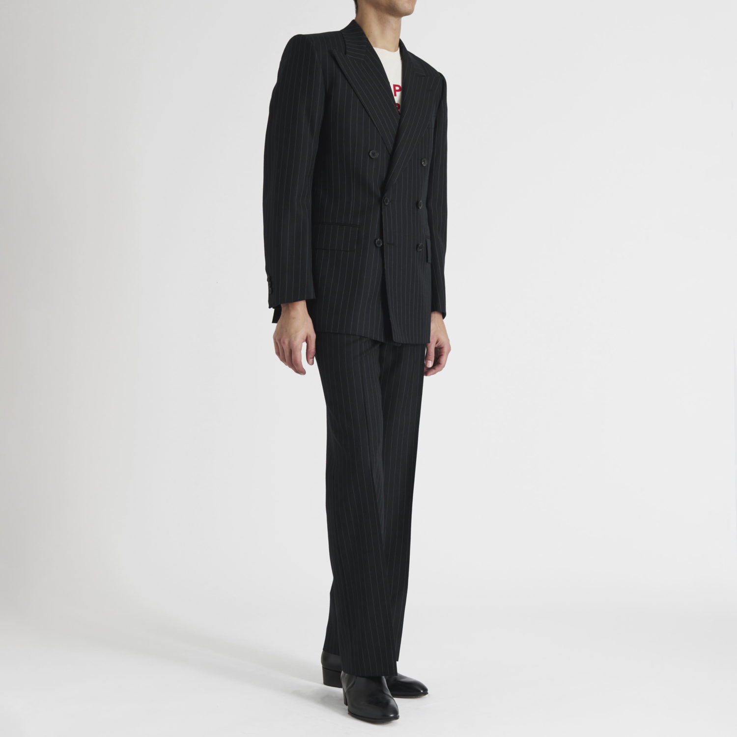 COSTUME CROISÉ EN LAINE PEIGNÉE - BLEU MARINE À RAYURES GRISES – Image 3