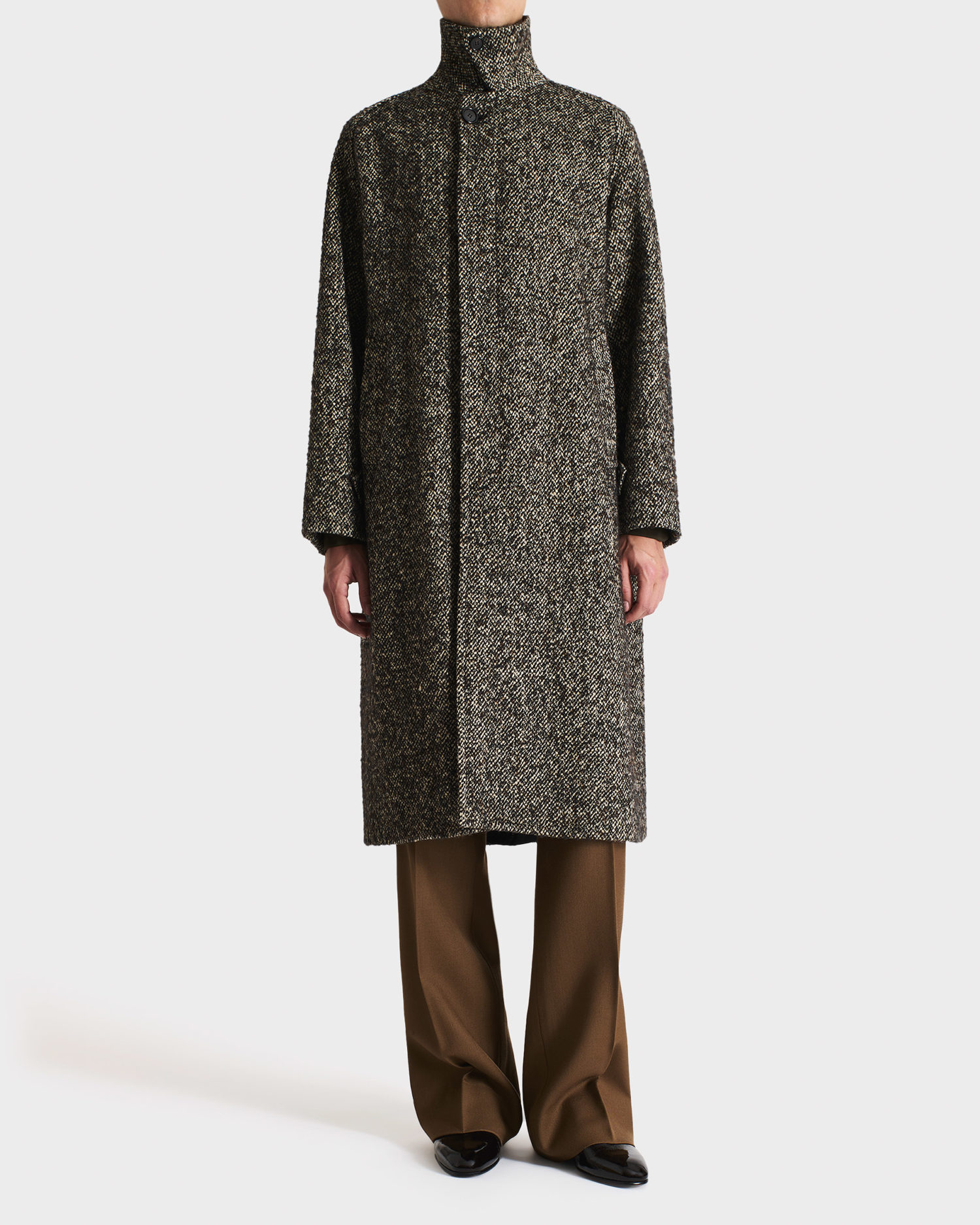 025_CAR COAT IN WOOL & POLYESTER BROKEN WEAVE - BLACK & BEIGE_1_0807