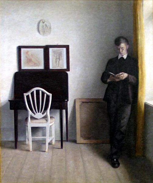HAMMERSHOI, vilhelm, peint. intérieur avec jeune homme lisant. 1898.